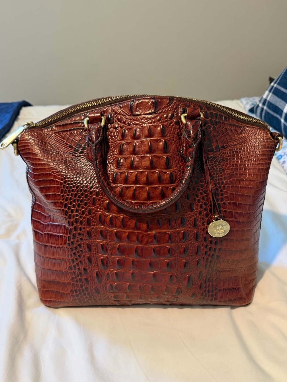 Brahmin Croc-Embossed Satchel in Rich Chestnut